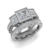 Princess Cut Vintage Engagement Ring with Wedding Band 14K Gold-G,SI - White Gold