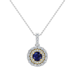 Round Cut Blue Sapphire Double Halo 2-tone Necklace 14K Yellow Gold
