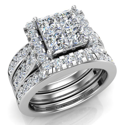 2.15 ct Princess Cut Quad Halo Wedding Ring Set w/ Enhancer Bands Bridal 14K Gold (G,SI) - White Gold