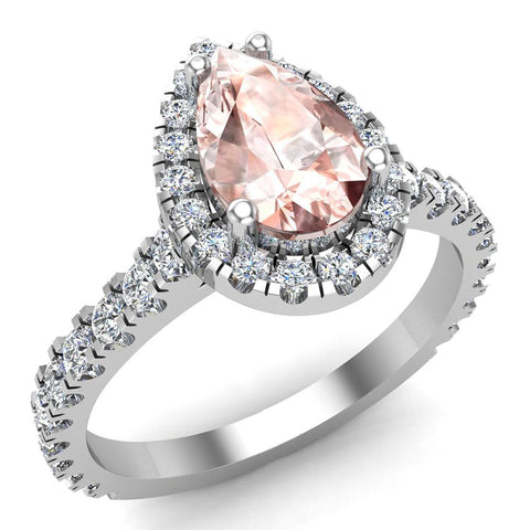 Pear Cut Pink Morganite Halo Engagement Ring 14K Gold-G,SI - White Gold