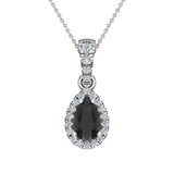 Pear Cut Black Diamond Halo Diamond Necklace 14K Gold-I,I1 - White Gold