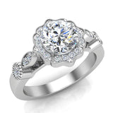 GIA Round halo diamond engagement rings floral milgrain 14K 1 ctw G I1 - White Gold