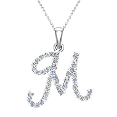 Initial Pendant M Letter Charms Diamond Necklace 18K Gold-G,VS - White Gold