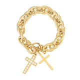 Stainless Steel Texture Rolo Bracelet with Cross Charms
