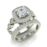 Crescent Wave Shank Round Diamond Cushion Halo Wedding Ring w Band 1.46 ctw 14K Gold (G,I1) - White Gold