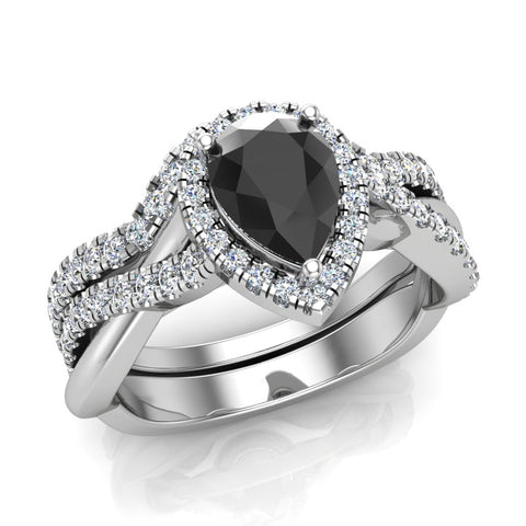 1.60 Ct Pear Black Diamond Criss Cross Diamond Halo Wedding Ring Set 14K Gold I1 - White Gold