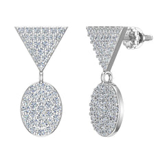 Diamond Dangle Earrings Oval Pattern Cluster Triangle Top White Gold