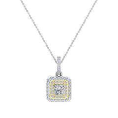 Princess Diamond Cornered Double Halo 2 tone Necklace 14K Yellow Gold