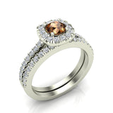 1.00 ct tw Champagne & White Cushion Halo Engagement Ring Set 14k Gold Glitz Design (J,I1) - White Gold