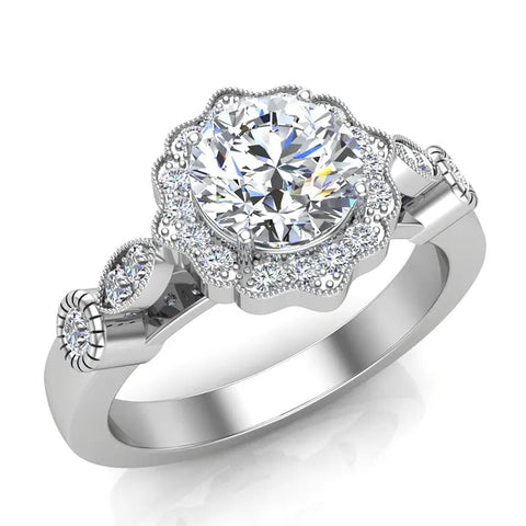 GIA Round halo diamond engagement rings floral milgrain 18K 1 ctw G SI - White Gold