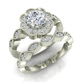 Classic Round Diamond Floral Halo Setting Wedding Ring Set 1.42 ctw 18K Gold-G,SI - White Gold