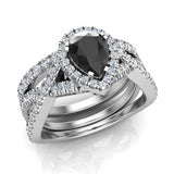 Pear Cut Black Wedding Ring Set Criss Cross Halo Style 14K Gold-I,I1 - White Gold