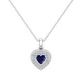 Dainty Blue Sapphire & Halo Diamond Heart Necklace 14K Gold ¾ ct-L,I2 - White Gold