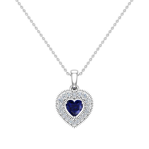 Dainty Blue Sapphire & Halo Diamond Heart Necklace 14K Gold ¾ ct-L,I2 - White Gold