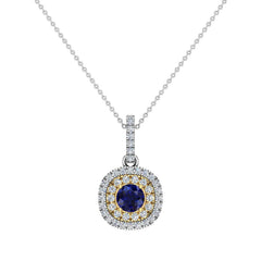 Round Cut Blue Sapphire Cushion Double Halo 2 tone necklace 14K Yellow Gold