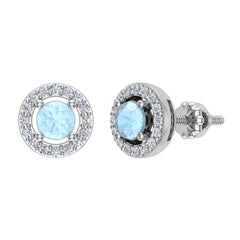 March Birthstone Natural Sky Blue Aquamarine Halo Stud Diamond Earring 14K White Gold