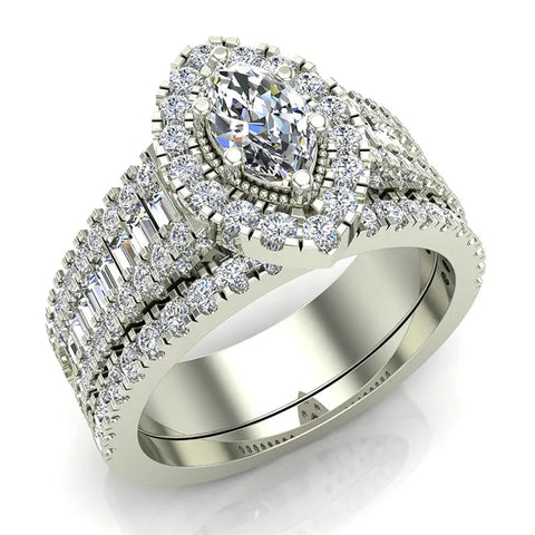 Statement Band Marquise Cut Halo Diamond Engagement Ring Baguettes 1.43 Carat Total 18K Gold (G,SI)
