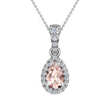 Pear Cut Pink Morganite Halo Diamond Necklace 14K Gold (G,SI) - White Gold