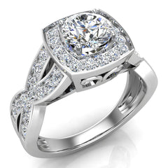 Cushion halo diamond ring Round Brilliant Intertwined style White Gold