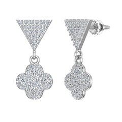 Diamond Dangle Earrings Clover Pattern Cluster Triangle White Gold