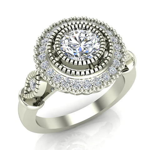 0.98 Carat Vintage Halo Solitaire Wedding Ring 14K Gold (I,I1)