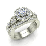1.50 Ct Vintage Halo Diamond Engagement Ring Set Millgrain Style 14K Gold-I,I1 - White Gold