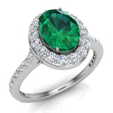Emerald & Diamond Halo Ring 14K Gold May Birthstone - White Gold