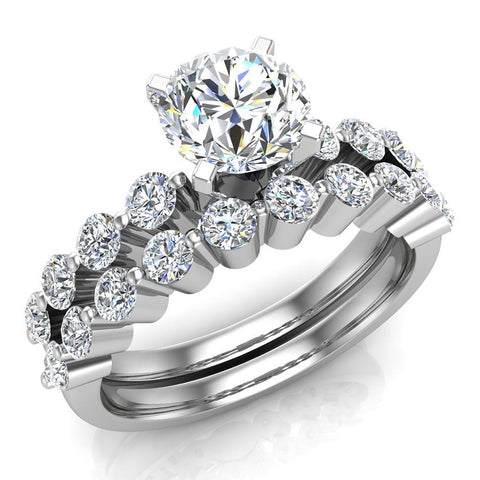 Round Diamond Wedding Ring Set shared prong 14K Gold 1.50 ct-H,SI - White Gold