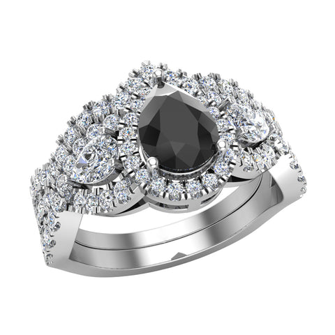 Infinity Style Pear Black Halo Diamond Wedding Ring Set 14K Gold-I,I1 - White Gold
