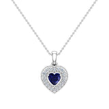 Dainty Blue Sapphire & Halo Diamond Heart Necklace 14K Gold ¾ ct - White Gold