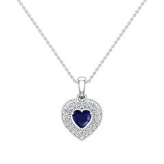 Dainty Blue Sapphire & Halo Diamond Heart Necklace White Gold
