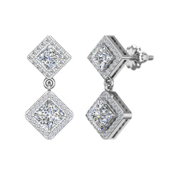 Bridal Princess Halo Diamond Dangle Earrings Kite Pattern White Gold