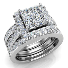 2.15 ct Princess Quad Halo Wedding Ring Set w/Enhancer Bands 14K White Gold