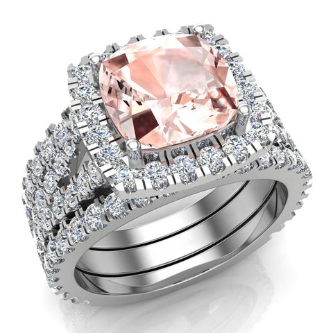 Cushion Cut Pink Morganite Halo Engagement Ring Set 14K Gold-I,I1 - White Gold