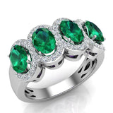 Oval Emerald & Diamond Band Ring 14K Gold - White Gold