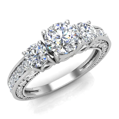 1.40 Ct Three-stone Diamond Engagement Ring 14K Gold Mill grain and Engraved Shank-SI