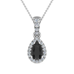 Pear Cut Black Diamond Halo Diamond Necklace 14K White Gold