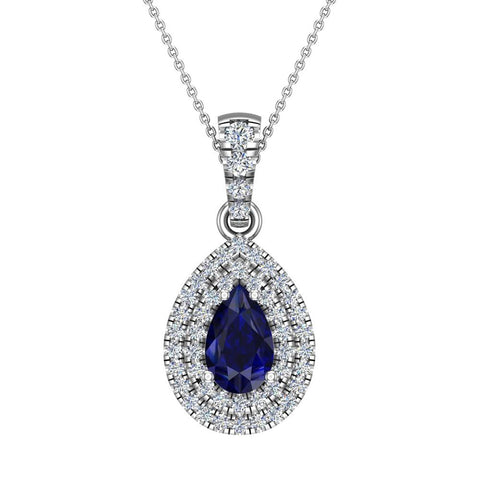 Pear Cut Sapphire Double Halo Diamond Necklace 14K Gold (I,I1) - White Gold
