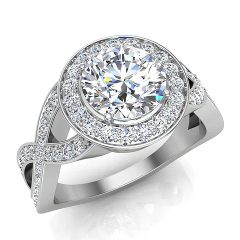 Solitaire Diamond Halo Crisscross Shank Engagement Ring 14K Gold-SI