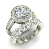 Milgrain Round Halo Engagement Ring with Bezel Band 2.06 ct 14K Gold-I1 - White Gold