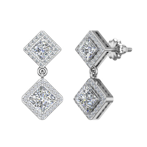 Bridal Princess Halo Diamond Dangle Earrings Kite Pattern 14K Gold 1.93 ct-I,I1 - White Gold