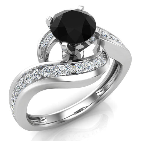 1.00 ct Intertwined Solitaire Natural Black & White Diamond Engagement Ring 14K Gold - White Gold
