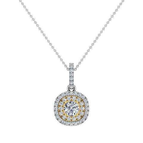 Diamond Necklaces Round Cushion Double Halo 2-tone 14K Gold 0.90 carat-I,I1 - Yellow Gold
