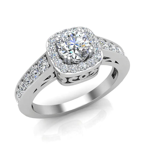 Dainty Round brilliant cushion  halo diamond engagement rings 14K 1 ctw F-VS - White Gold