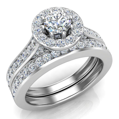 Diamond Wedding Ring Set Round Halo Rings 8-prongs 18K Gold 1.15 ct-G,VS - White Gold