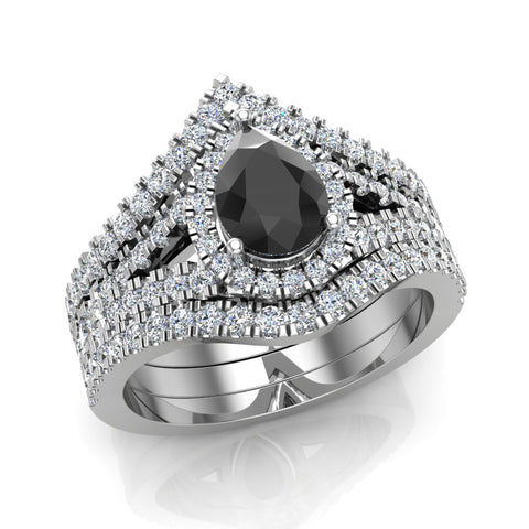 1.92 Ct Wedding Ring Set Solitaire Enhancer Look Bands Pear Black 14K Gold-I,I1 - White Gold
