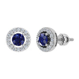 September Birthstone Blue Sapphire Halo Stud Diamond Earring 14K Gold - White Gold