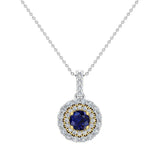 Round Cut Blue Sapphire Double Halo 2-tone Necklace 14K Gold-G,SI - Yellow Gold