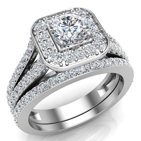 Diamond Wedding Set Round Cushion Halo Ring Split Shank 1.25 ct-G,I2 - White Gold