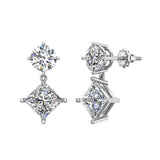 Round & Princess Drop Two stone Diamond Dangle Earrings 18K Gold-G,VS - White Gold